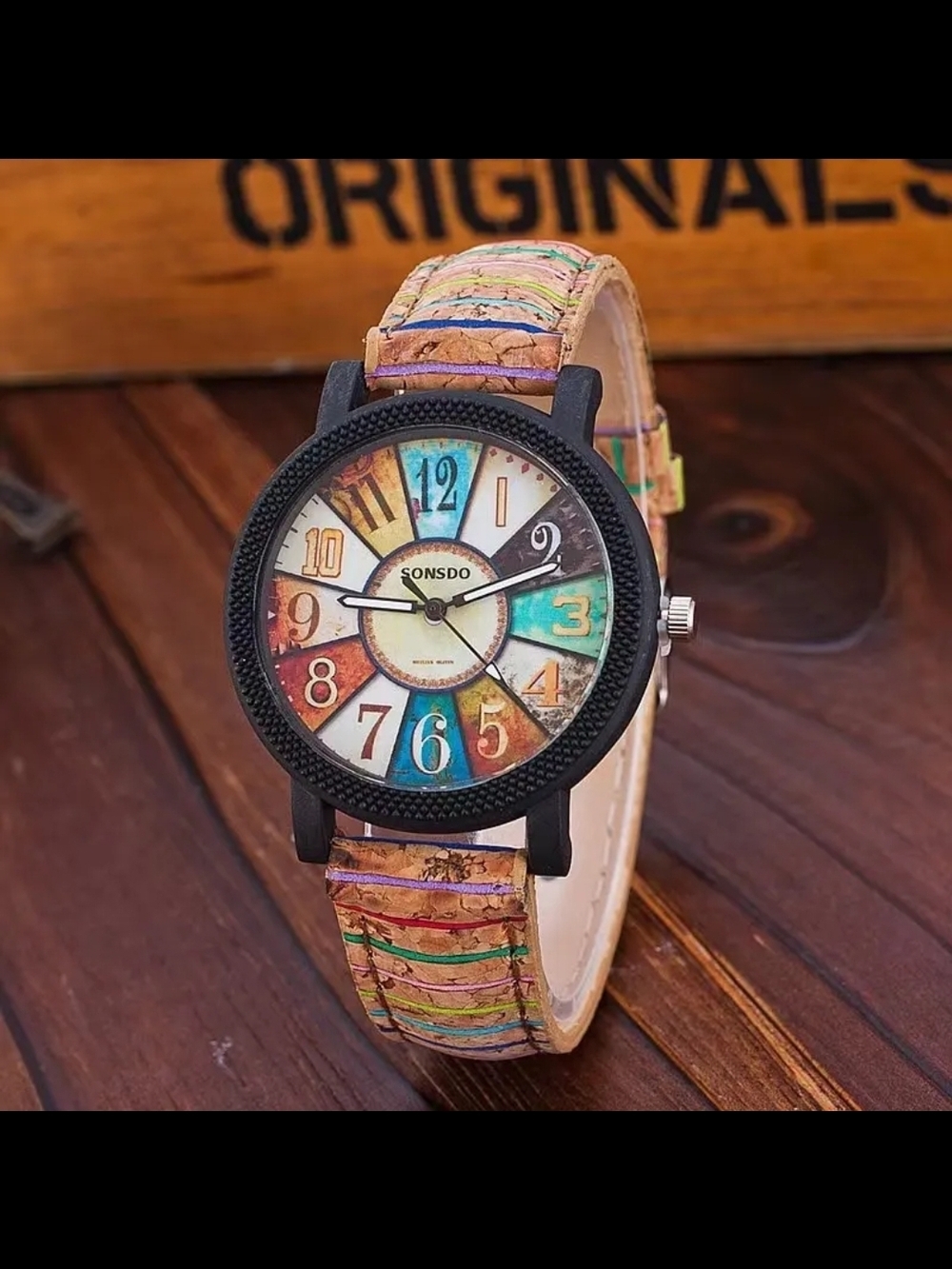 Multicolor Dial Men’s Watch with Tan Patterned Strap
